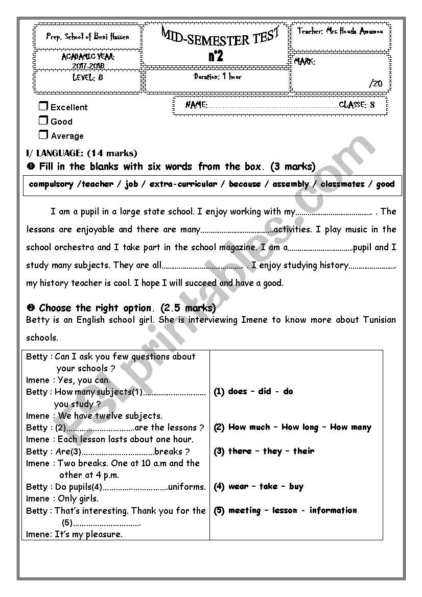 mid semester test n 2 for 8th form