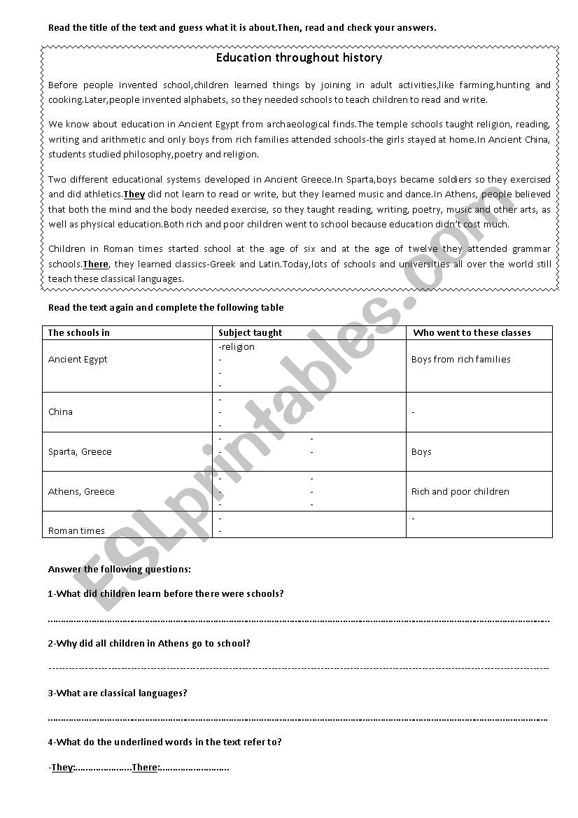 Education throughout history worksheet