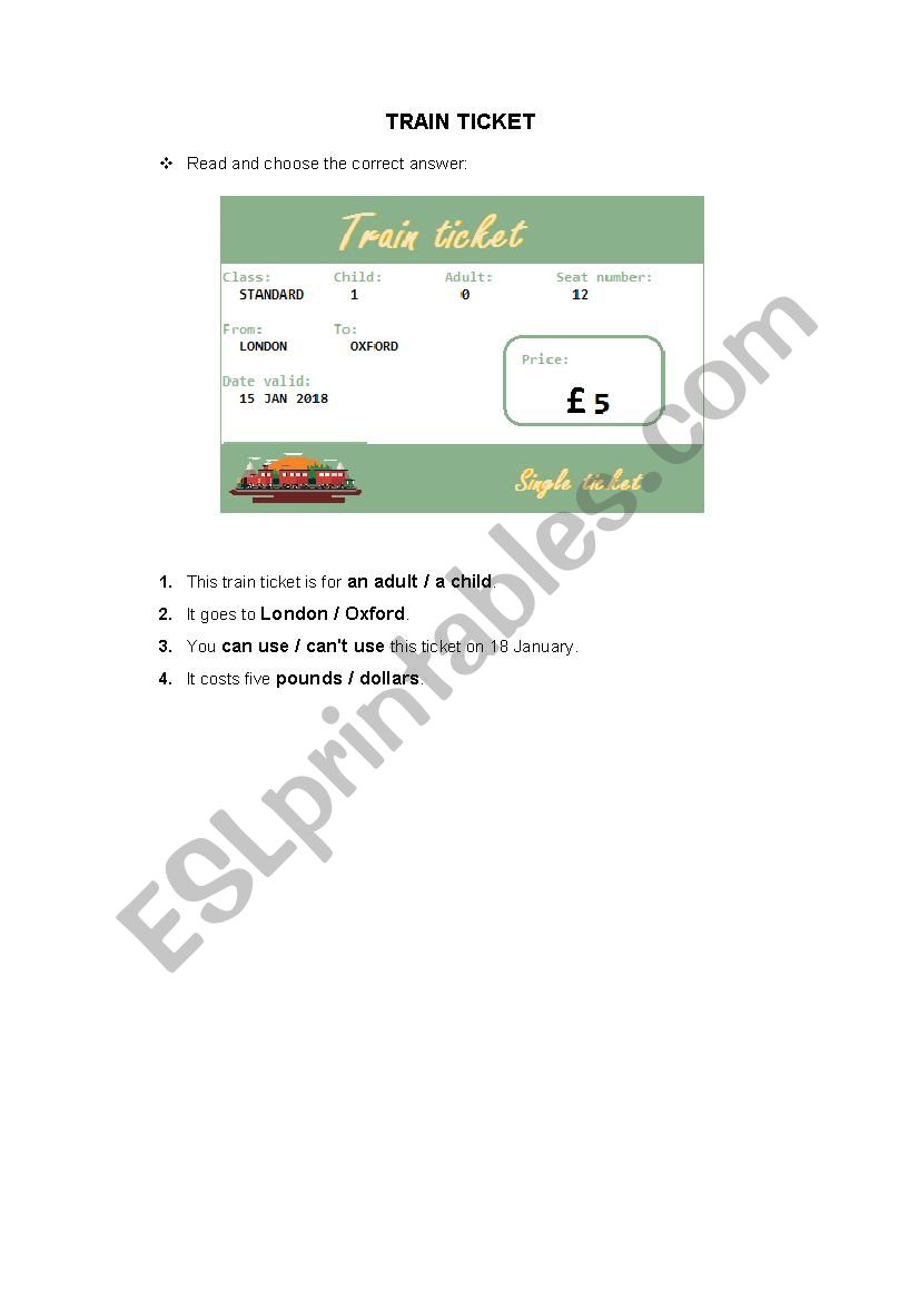 Train ticket worksheet