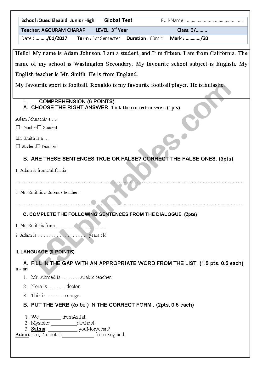 Global test worksheet