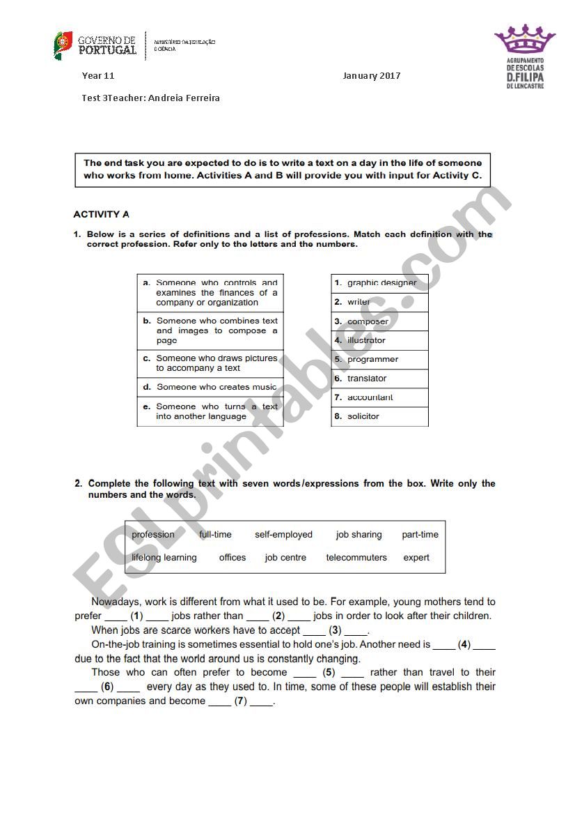 11th grade test - Jobs worksheet