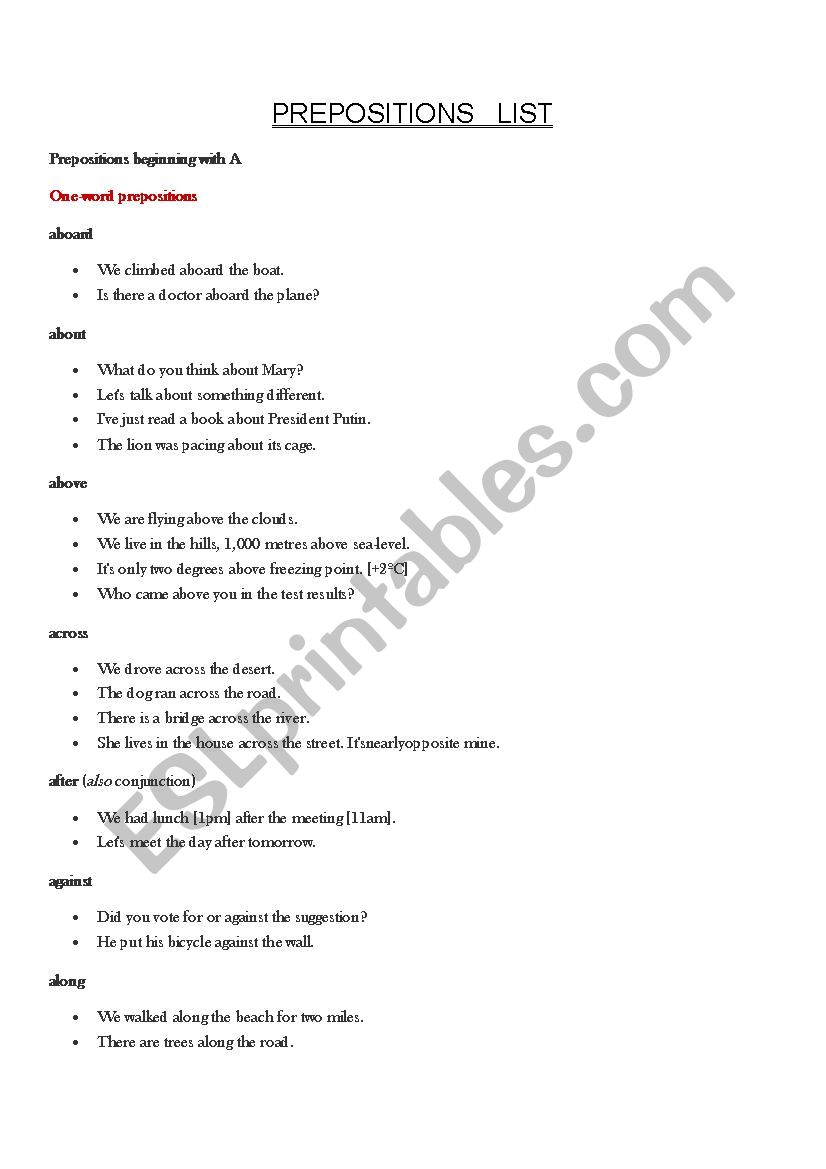 Prepositions List from A to W worksheet