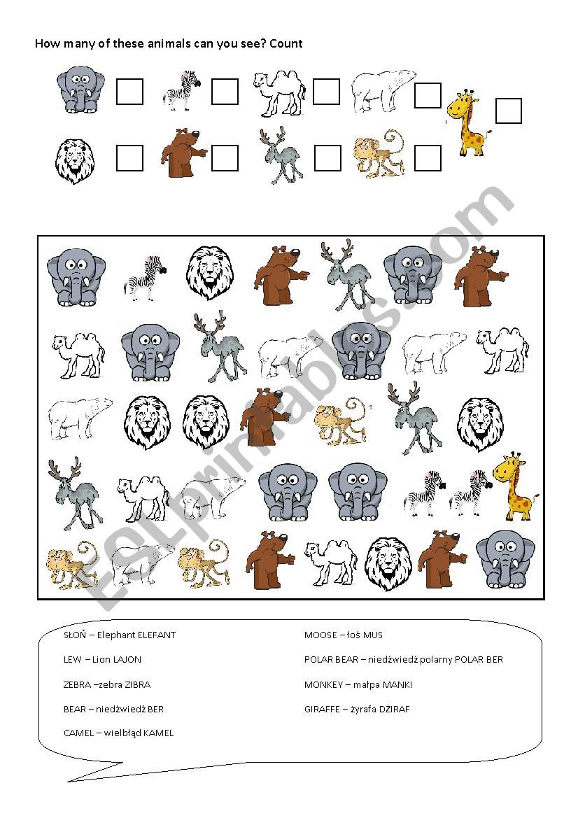 Wild animals, count worksheet