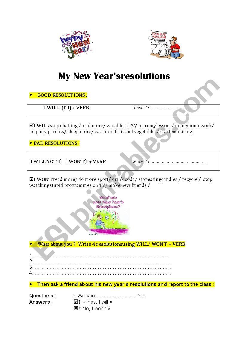 NEW YEARS RESOLUTIONS  worksheet