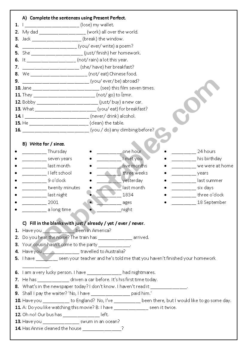 PRESENT PERFECT TENSE worksheet