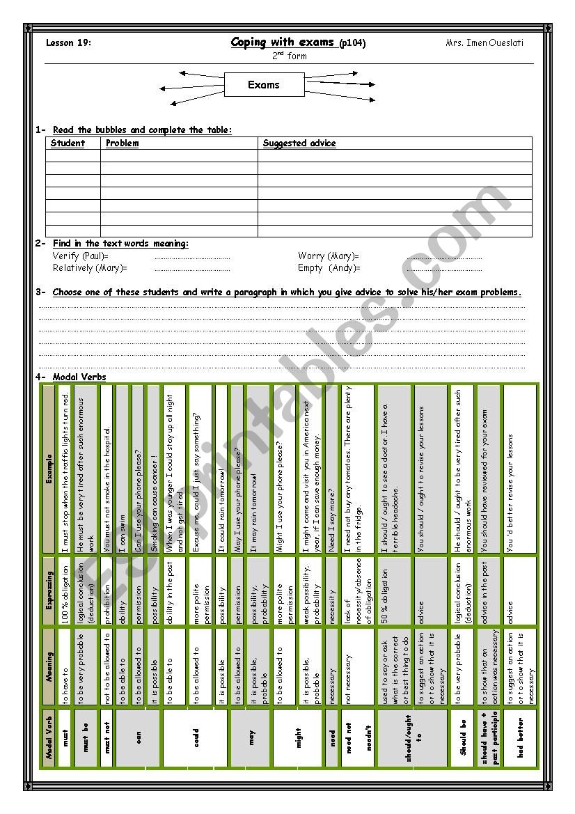 coping with exams  worksheet