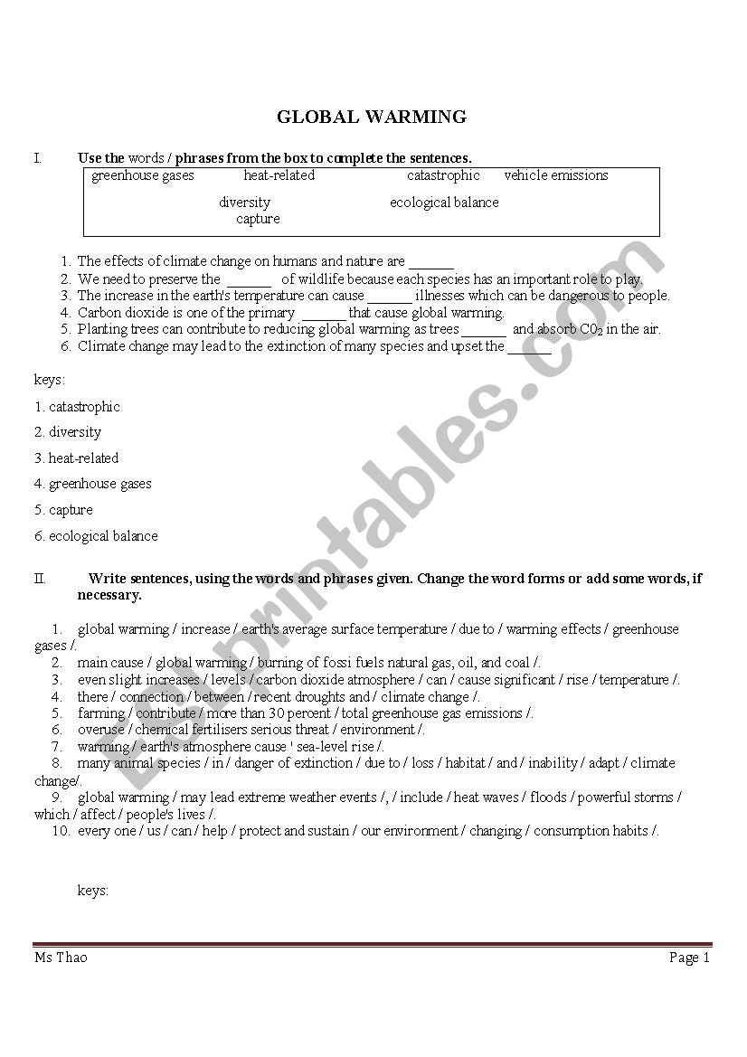 GLOBAL WARMING worksheet