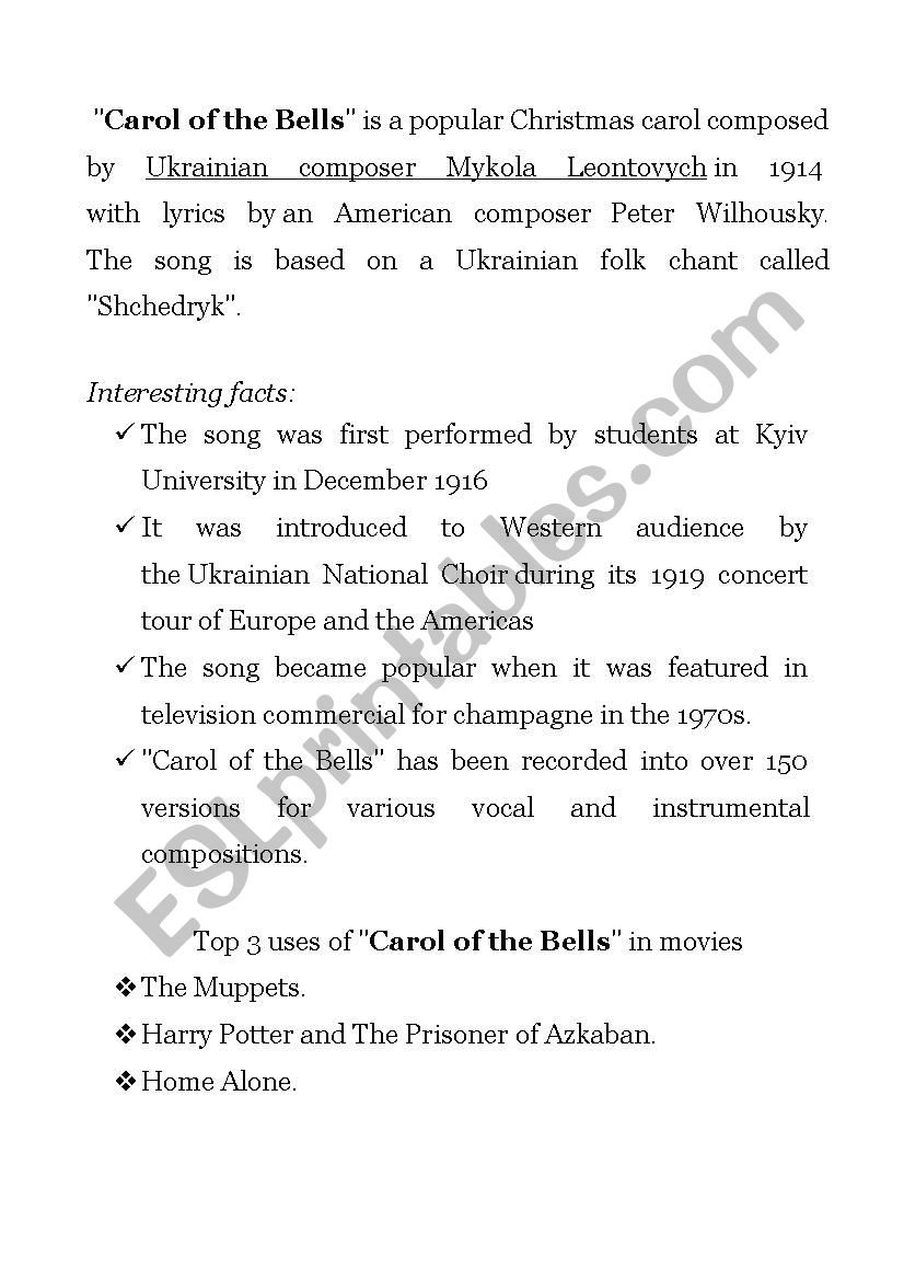 carol of the bells worksheet