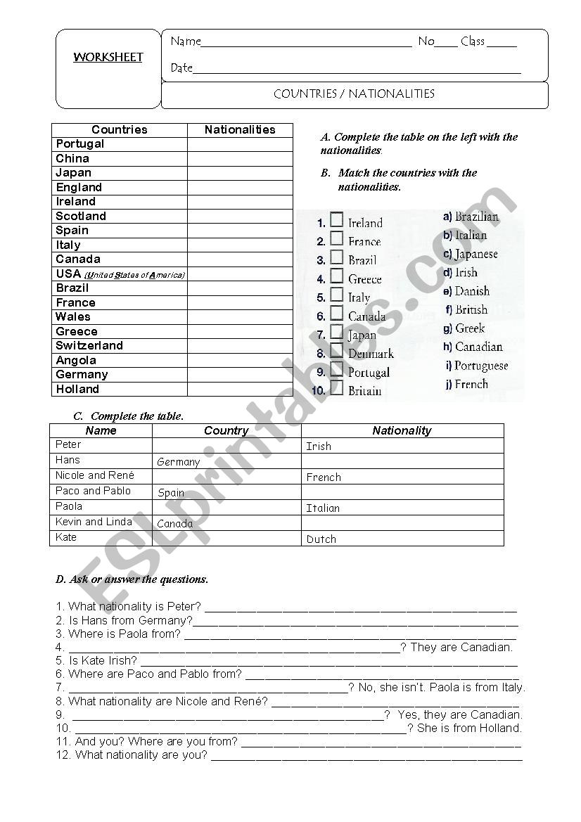 Countries and nationalities worksheet