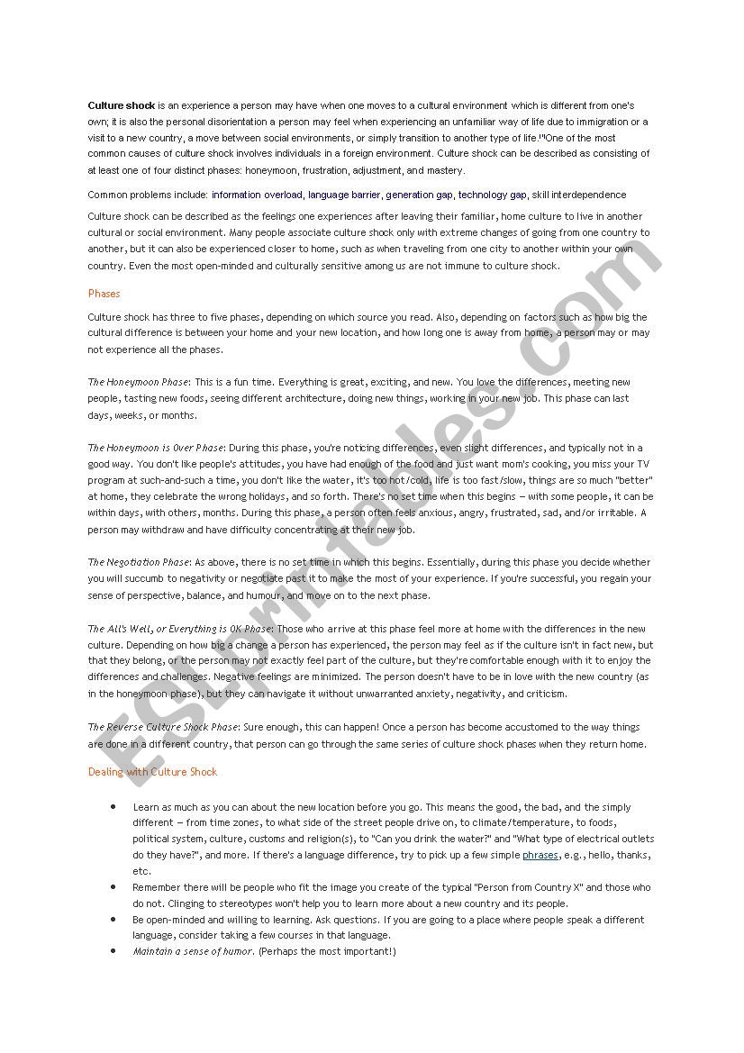 culture shock worksheet