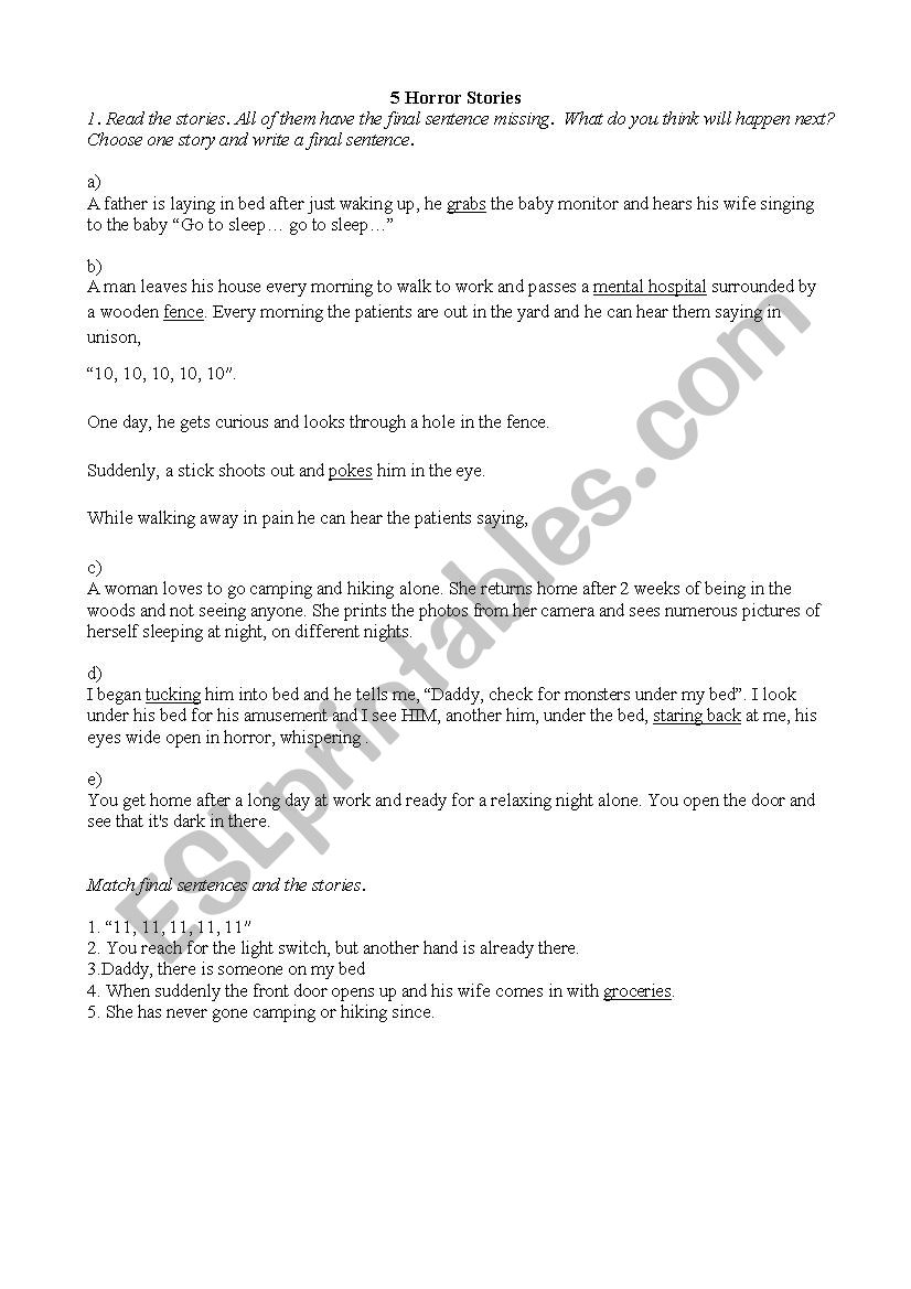 horror stories worksheet