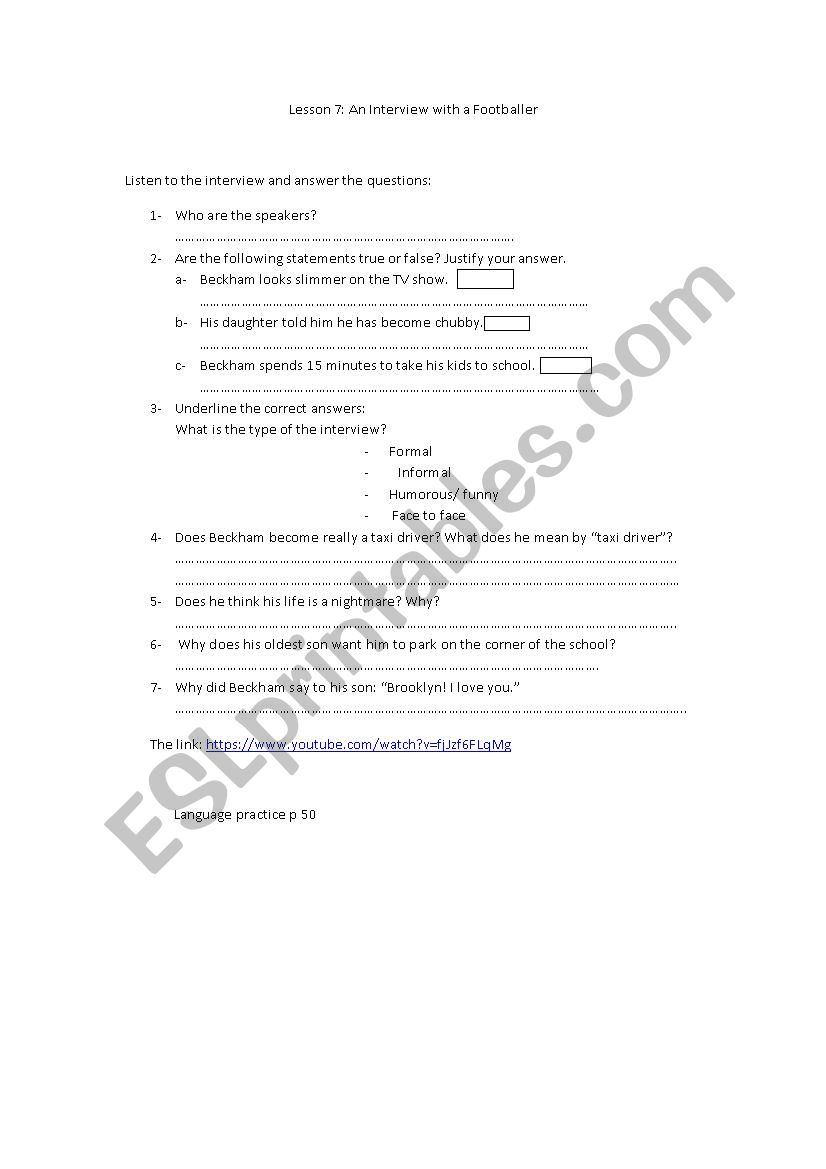 Lesson 7 an Interview with a Footballer (2nd year secondary  education)