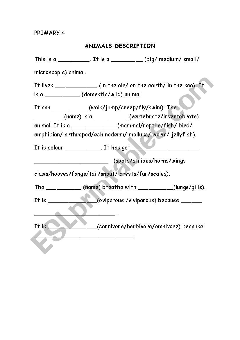 ANIMALS DESCRIPTION worksheet