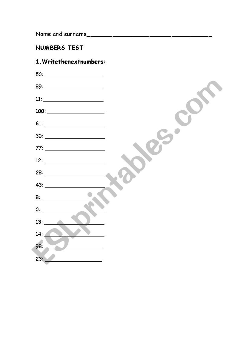 NUMBERS worksheet