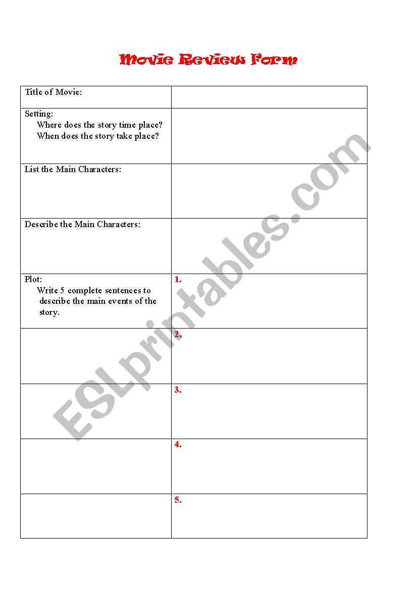 Movie review form worksheet