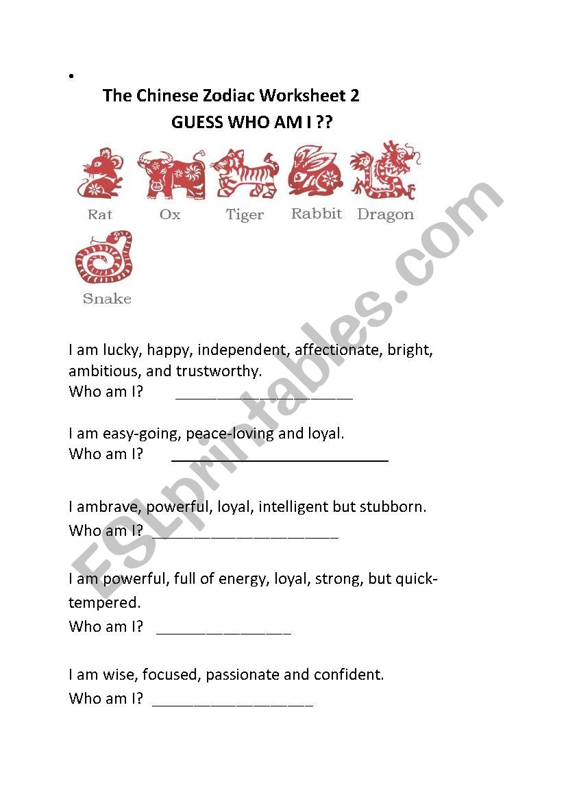 Chinese Zodiac - Who am I? worksheet