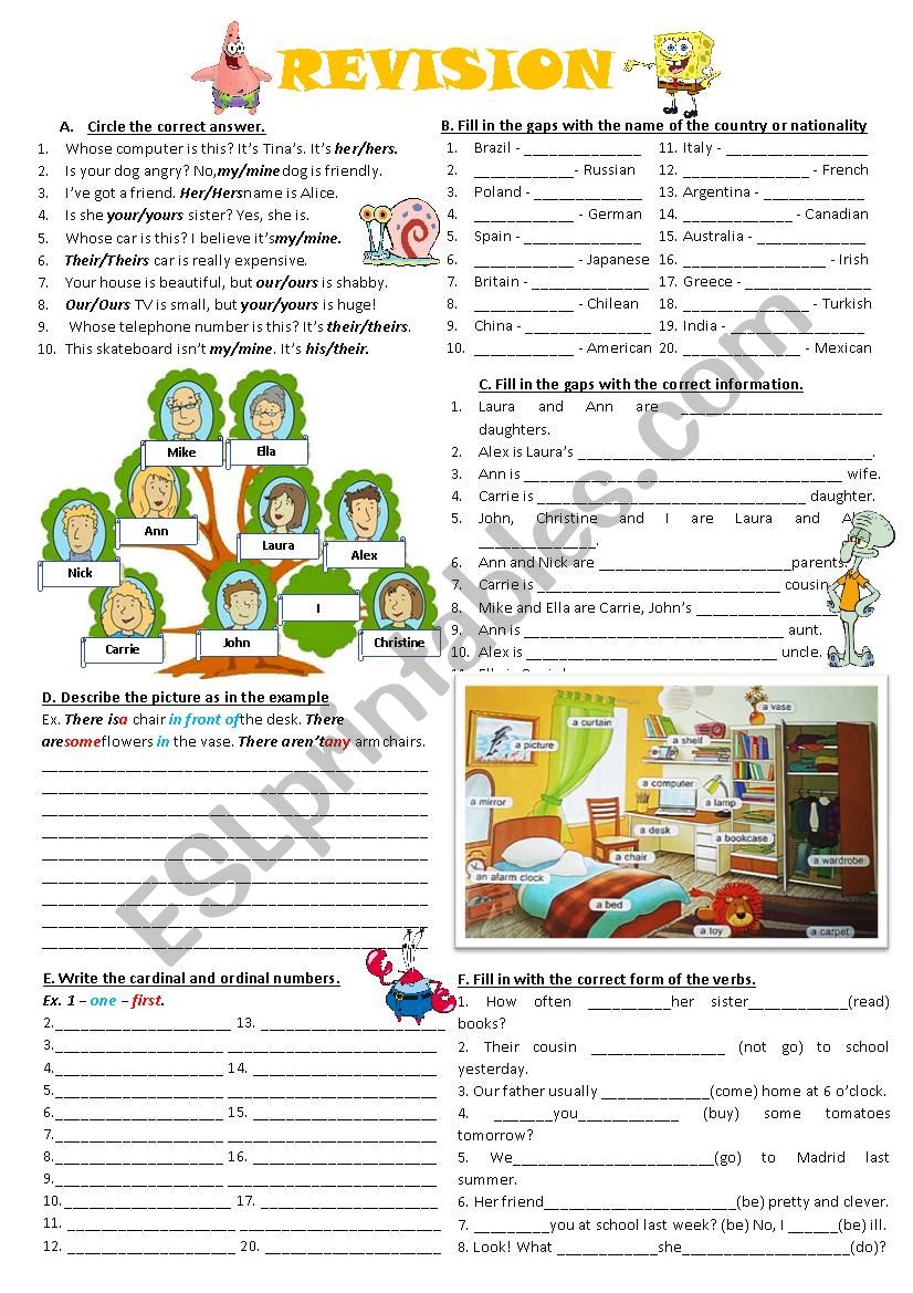 Revision (Possessive adjectives, possessive pronouns, countries and nationalities,possessive case, there is/there are, cardinal and ordinal numbers, basic verb tenses) 