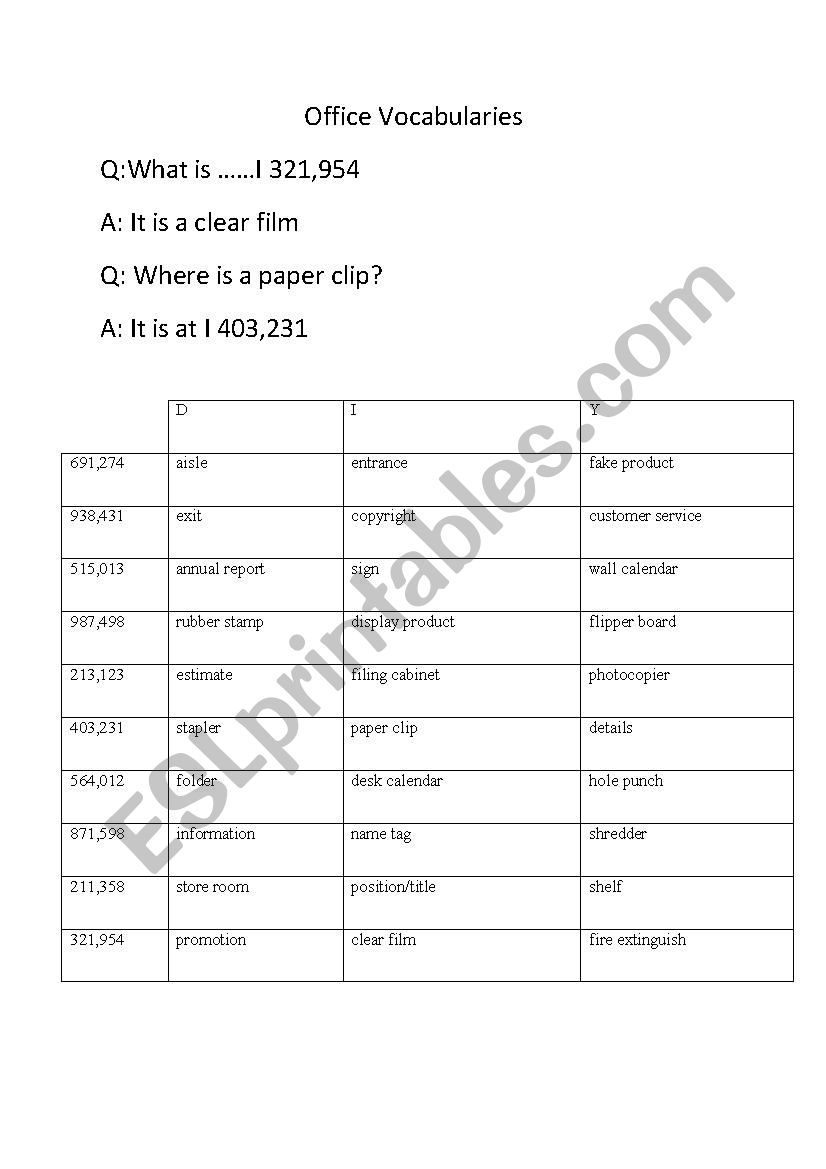 Office Vocabularies worksheet