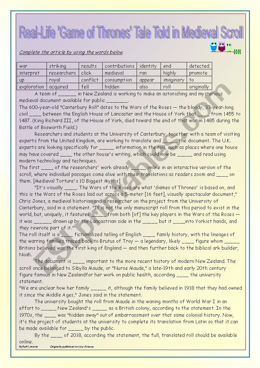 Real-Life Game of Thrones Tale Told in Medieval Scroll READING AND VOCABULARY  ACTIVITY