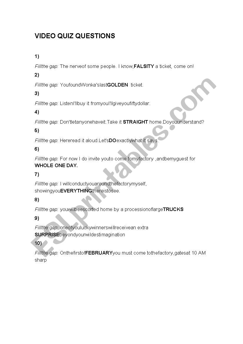 Chocolate Factory QUIZ worksheet