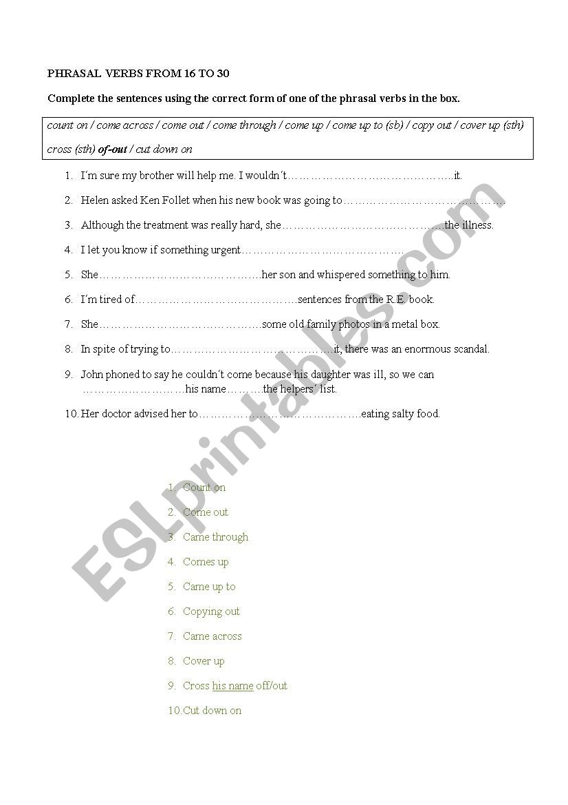 Phrasal verbs from 16 to 30 worksheet