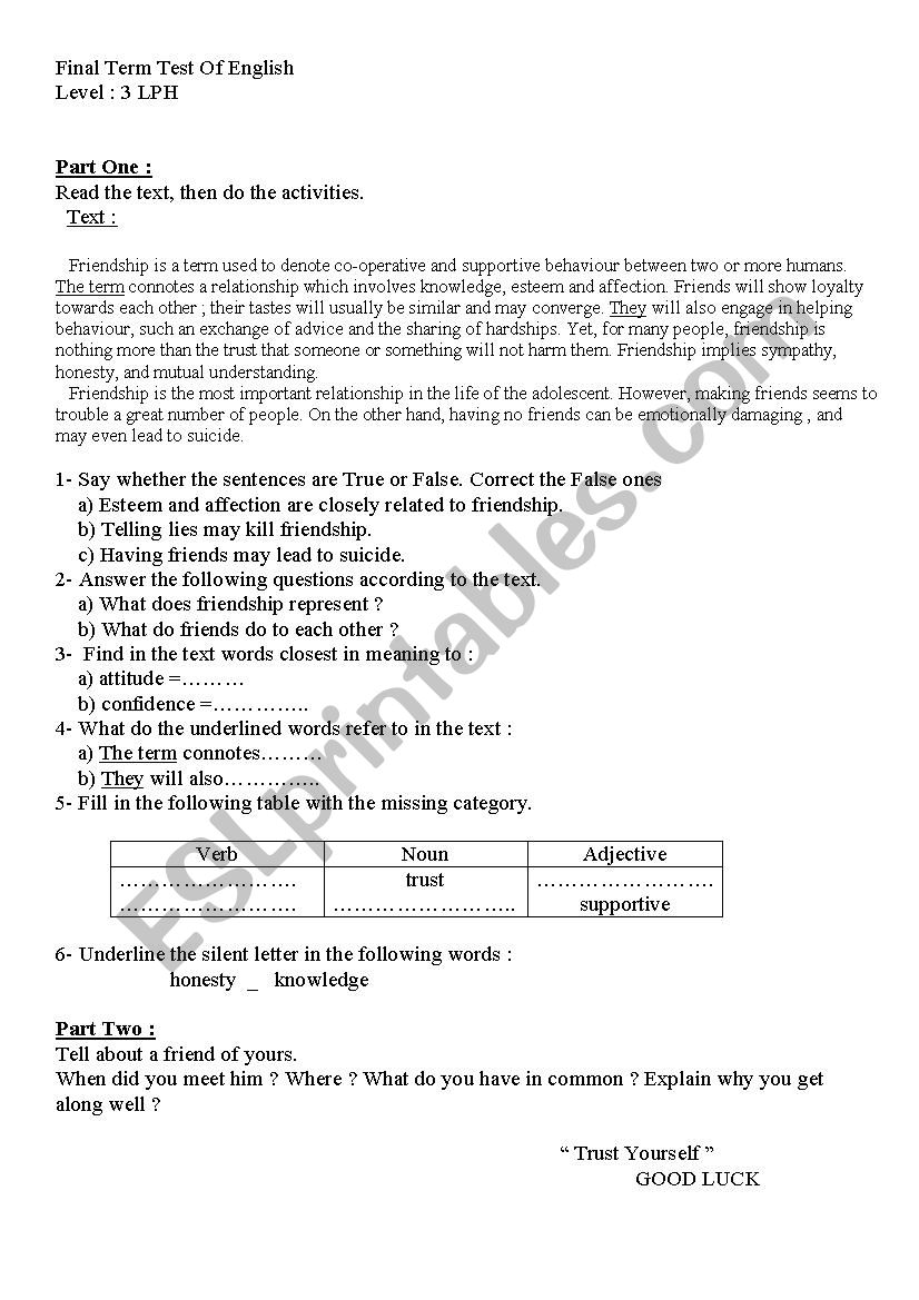 final term test worksheet