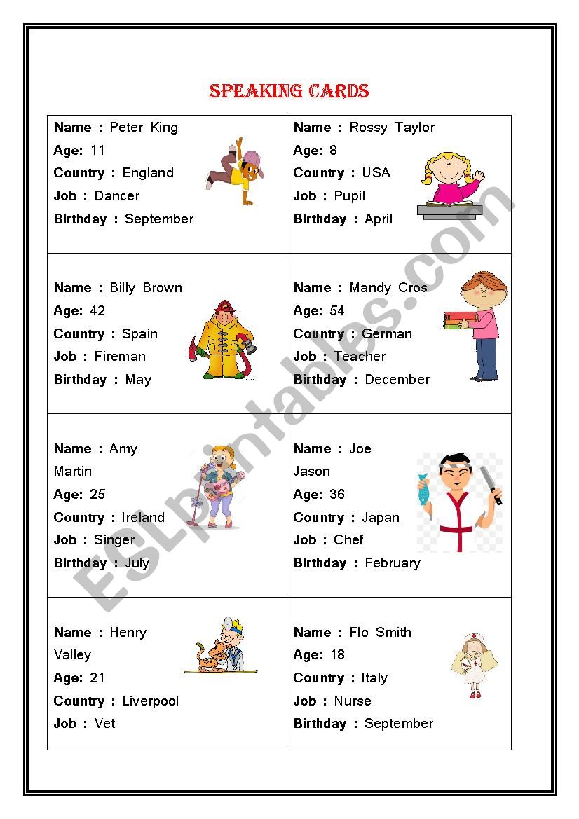 Speaking cards worksheet