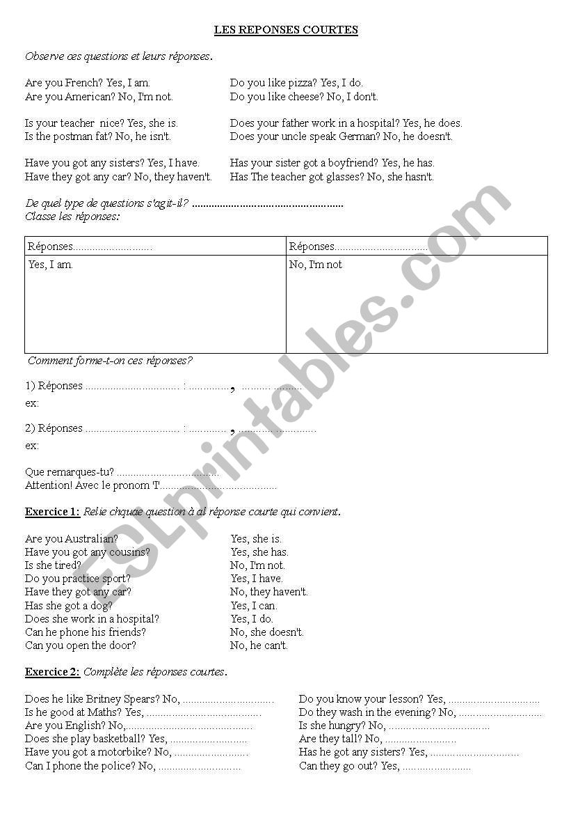 short answers worksheet