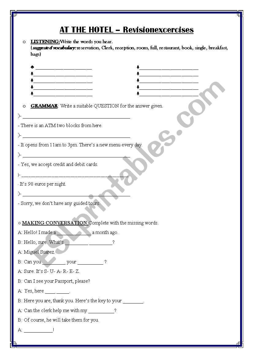 AT THE HOTEL- REVISION ACTIVITIES