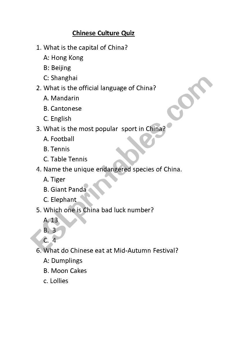 Chinese Culture Quiz worksheet