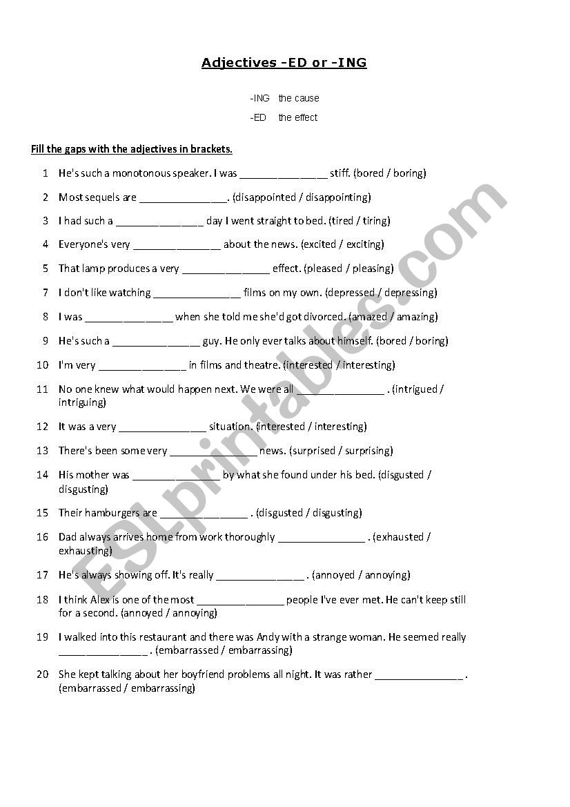 Adjectives ending ed-ing worksheet