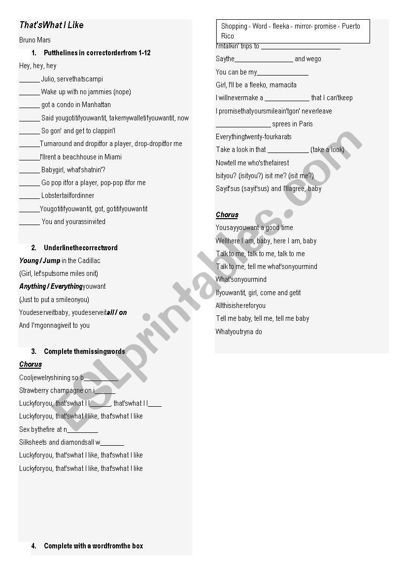 Thats what I like - Song worksheet