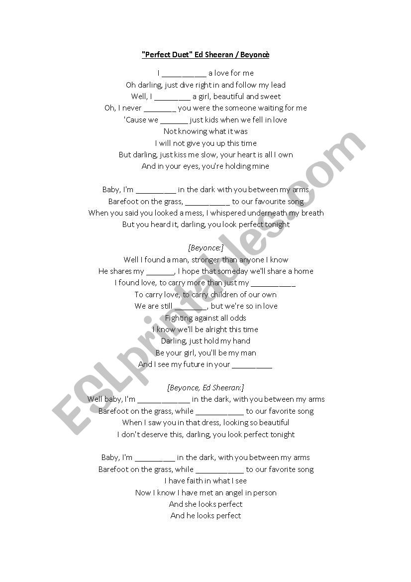Perfect - Ed Sheeran Ft. Beyoncè - ESL worksheet by joolywooly