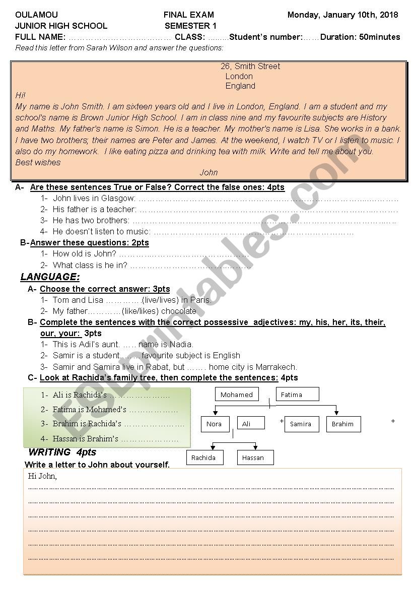 Test for 7th grade 2  worksheet