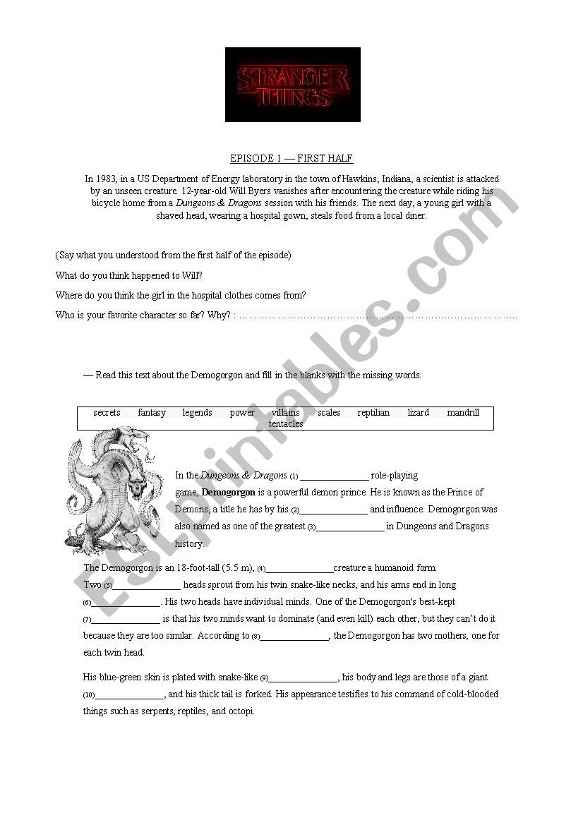 Stranger Things - Episode 1 worksheet