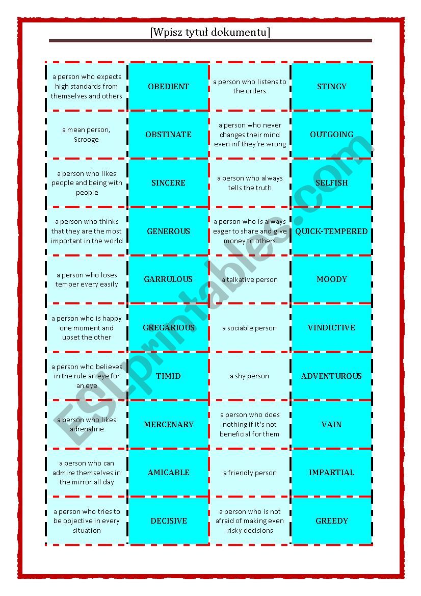 PERSONALITY FEATURE DOMINO worksheet