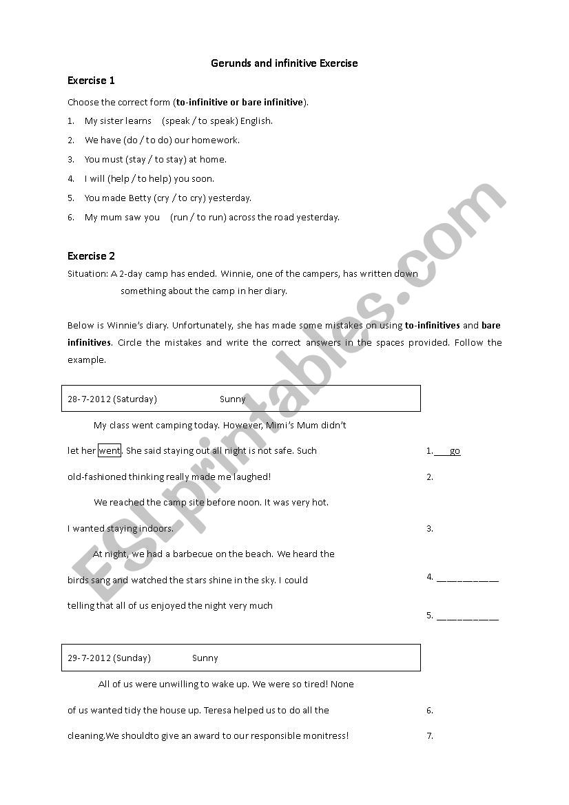 Gerund and infintive worksheet