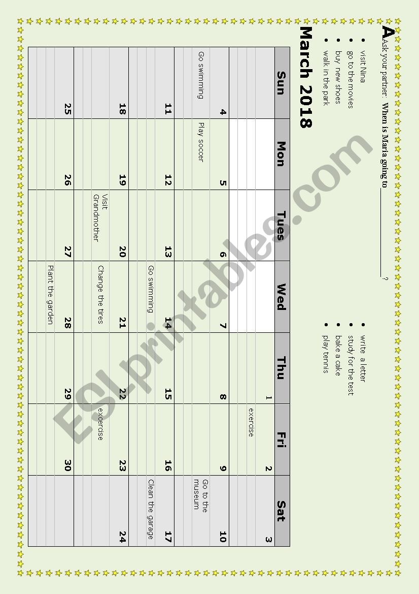 Calendar pairwork worksheet