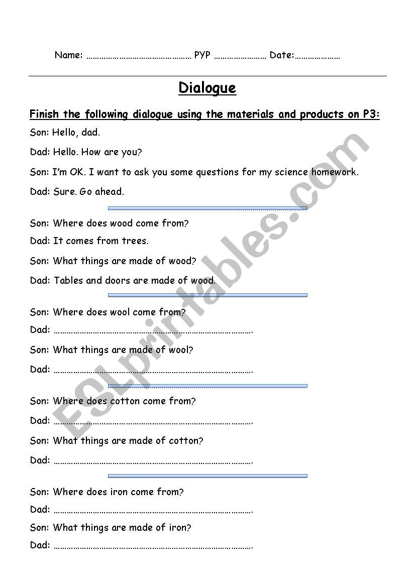 A dialogue about materials worksheet