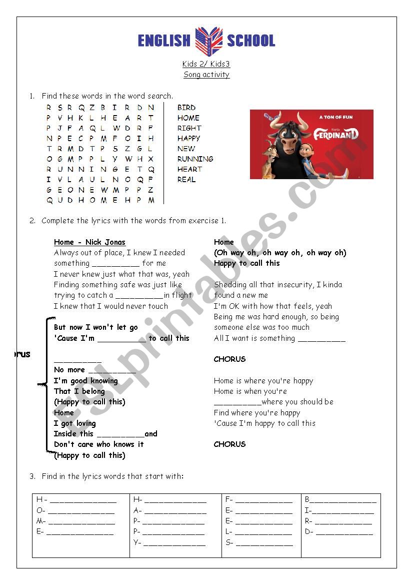 Song activity - Home worksheet