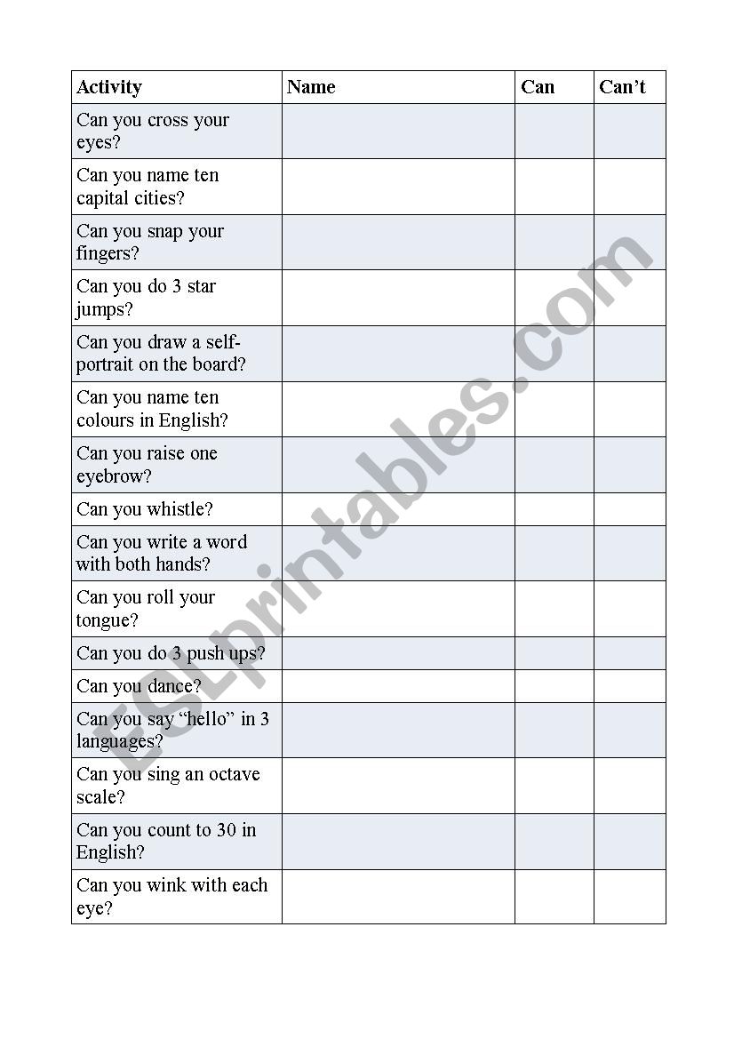 Icebreaker Activity (Can you?)