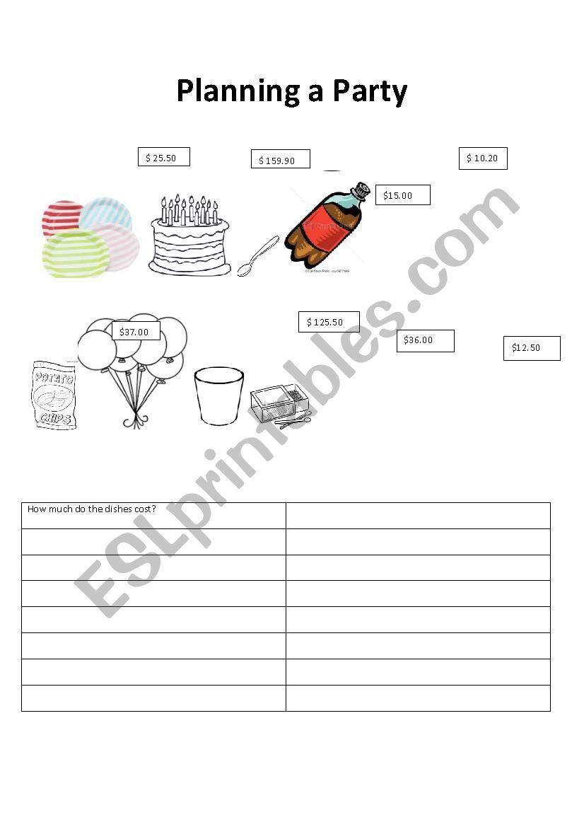 planning a party worksheet