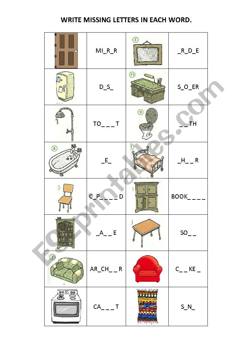 Furniture missing letters worksheet