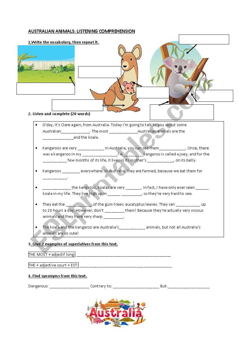 Australian animals listening  worksheet