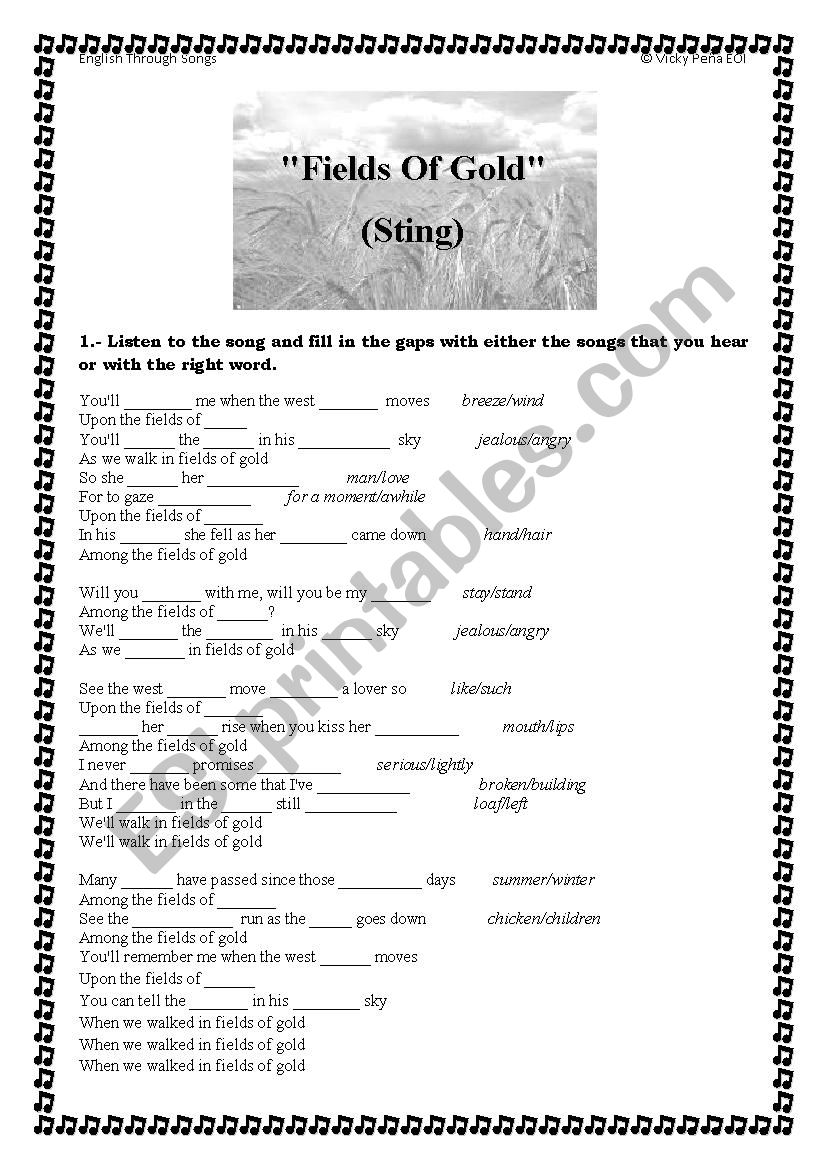 Fields of Gold, by Sting worksheet