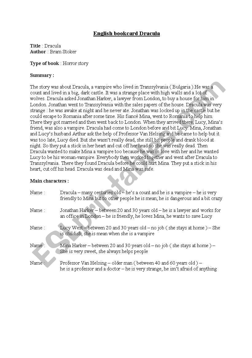 english bookcard Dracula worksheet