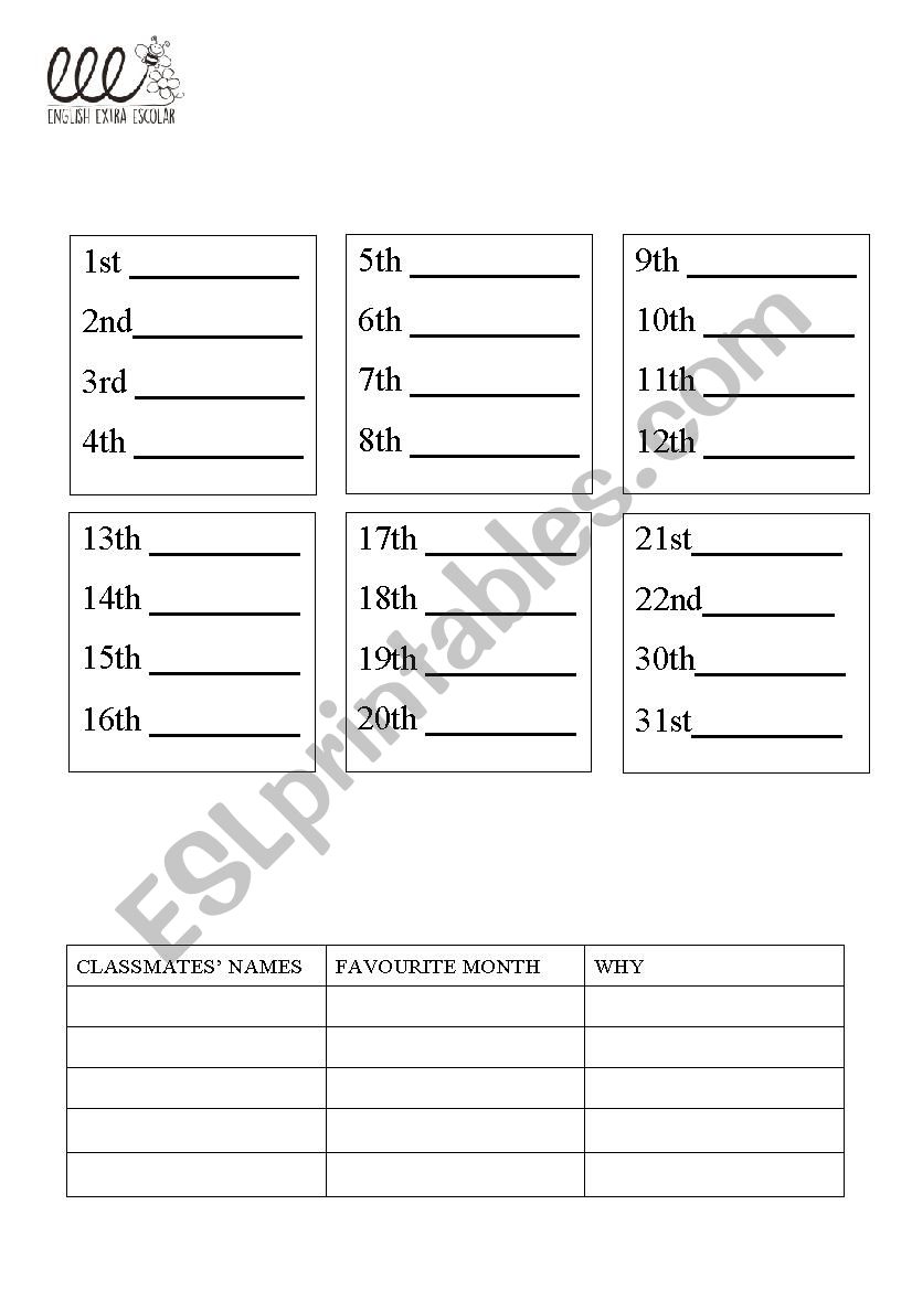 SEASONS AND ORDINAL NUMBERS worksheet