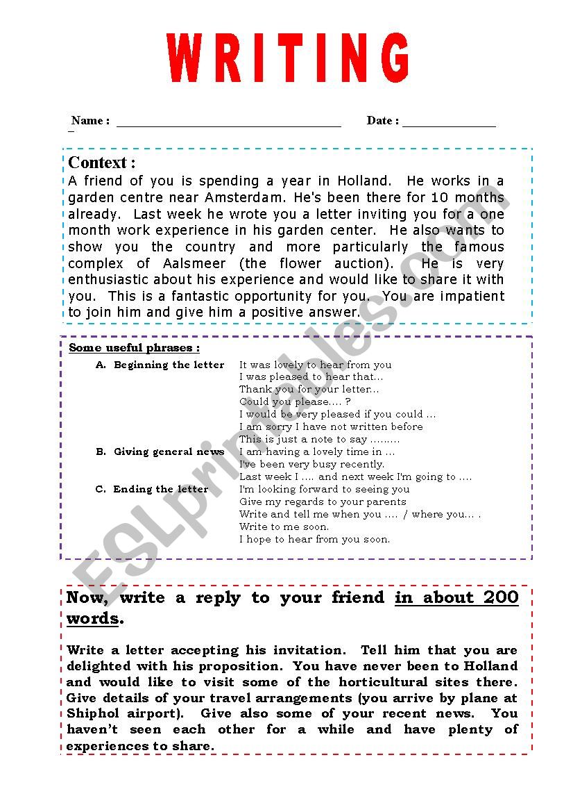 WRITING. ANSWERING A LETTER to a friend. 14 - ESL worksheet by
