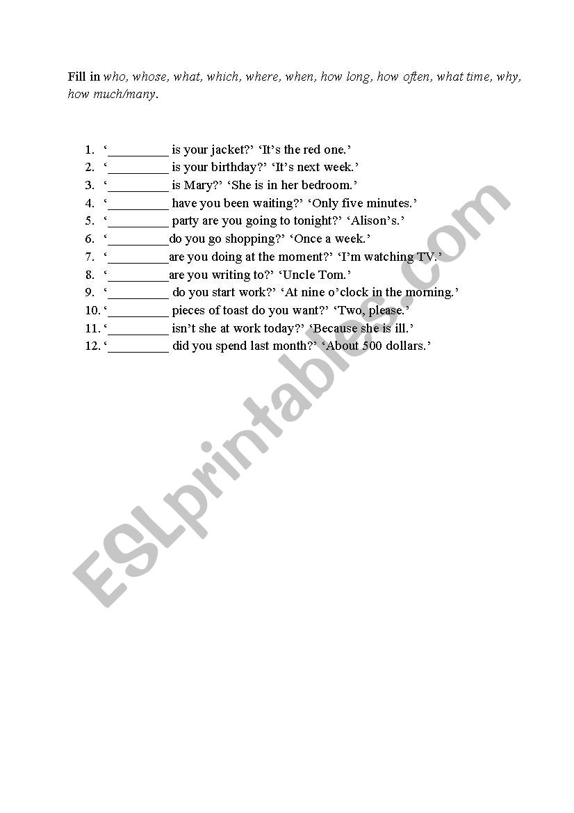 Questions worksheet