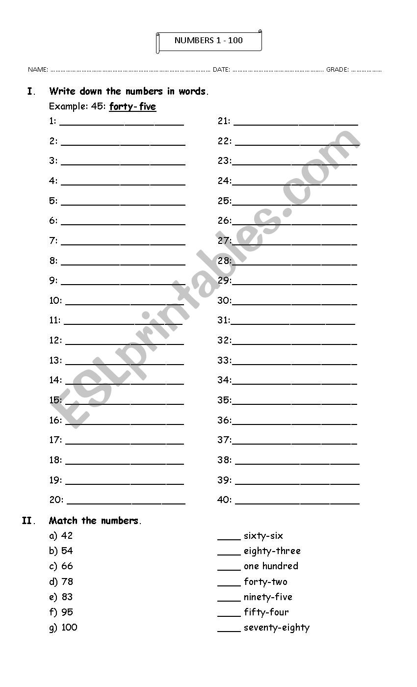 Numbers 1 - 100 worksheet